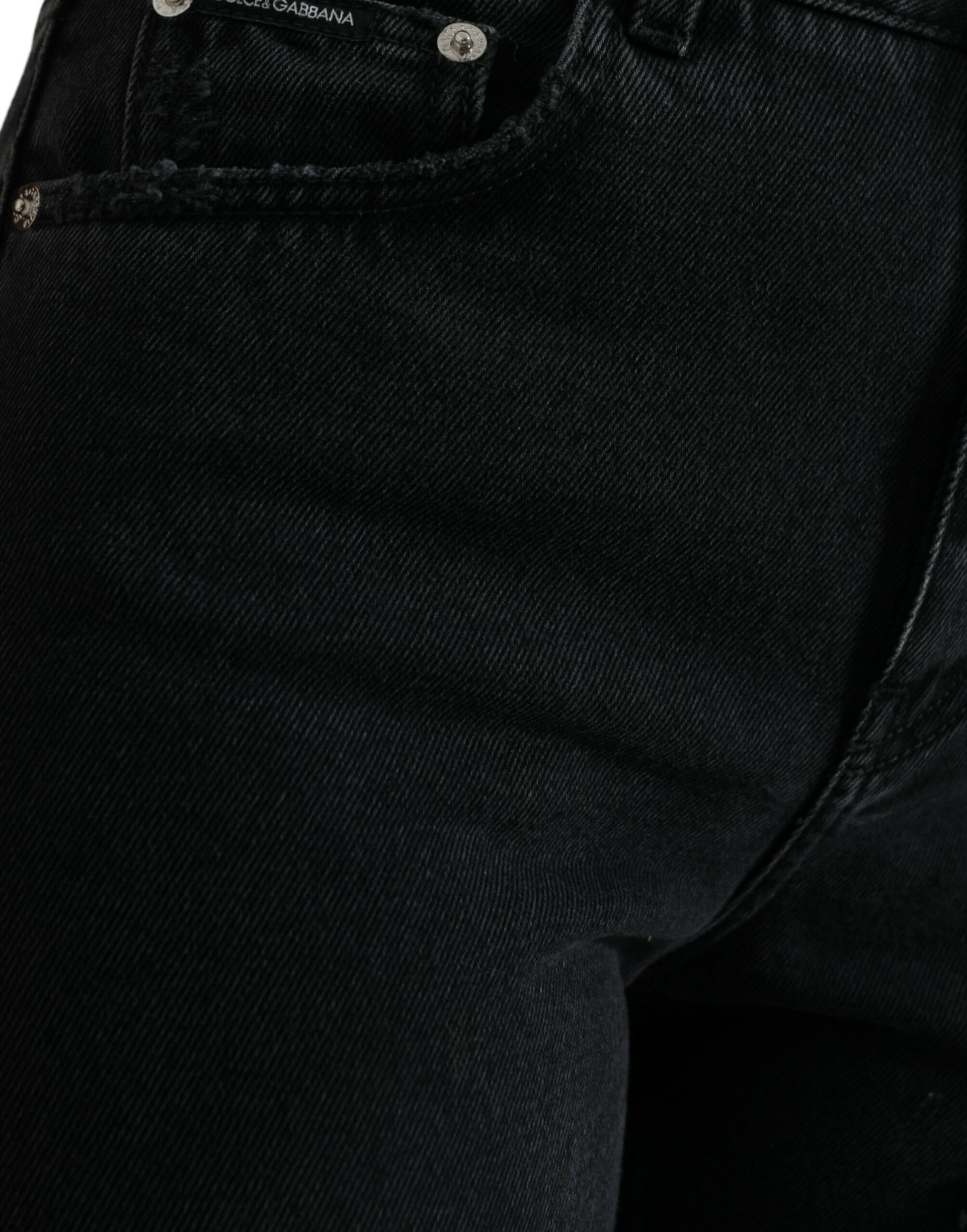 Jean en denim déchiré taille haute en coton noir Dolce & Gabbana