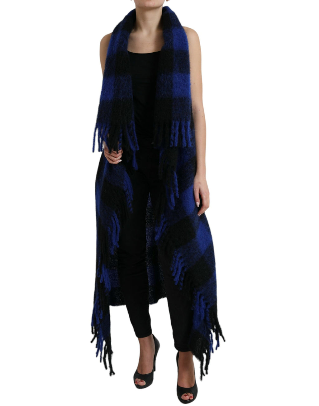Manteau-poncho/pull à carreaux vichy noir et bleu Dolce & Gabbana