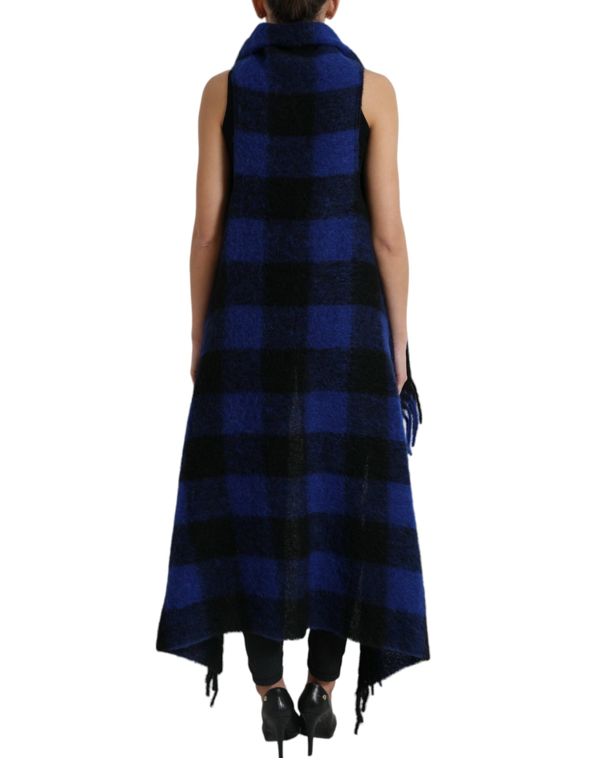 Manteau-poncho/pull à carreaux vichy noir et bleu Dolce & Gabbana