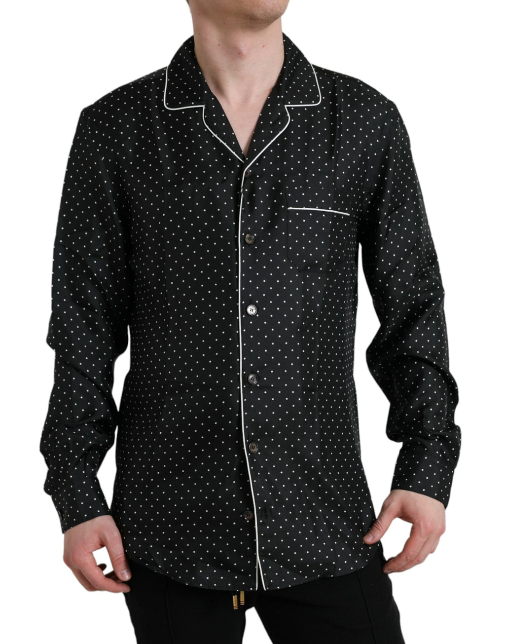 Chemise à manches longues en soie noire à pois Dolce & Gabbana