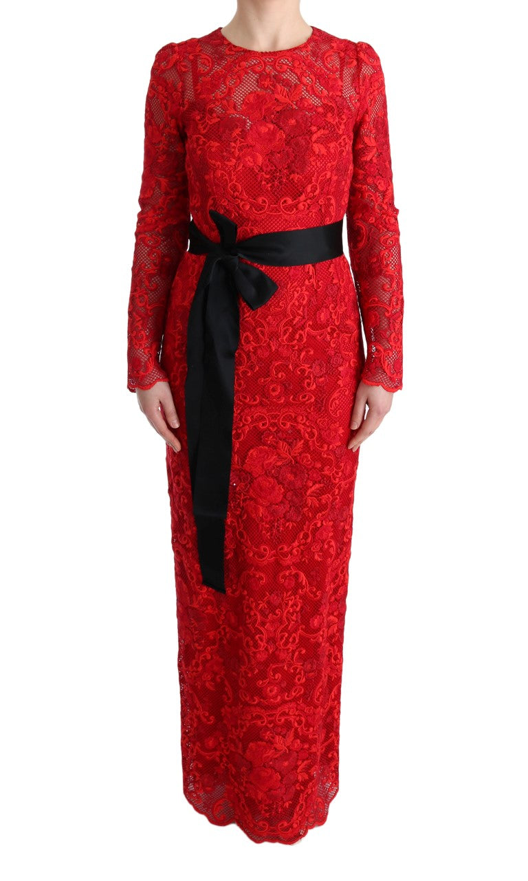 Robe longue fourreau rouge à fleurs en ricamo Dolce & Gabbana