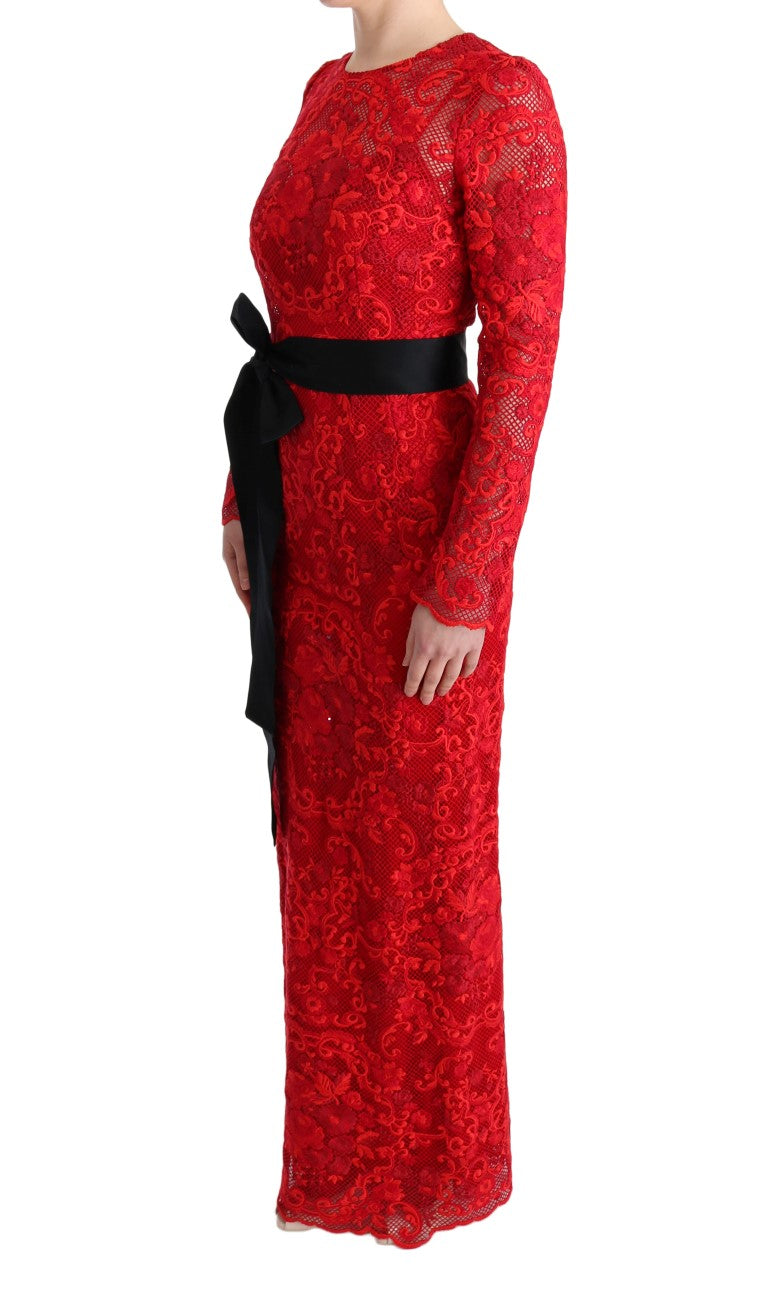 Robe longue fourreau rouge à fleurs en ricamo Dolce & Gabbana