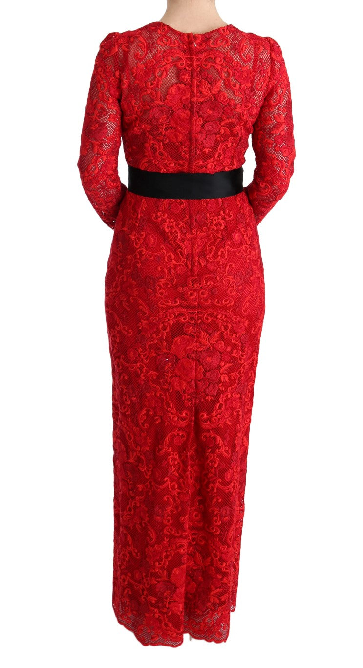 Robe longue fourreau rouge à fleurs en ricamo Dolce & Gabbana