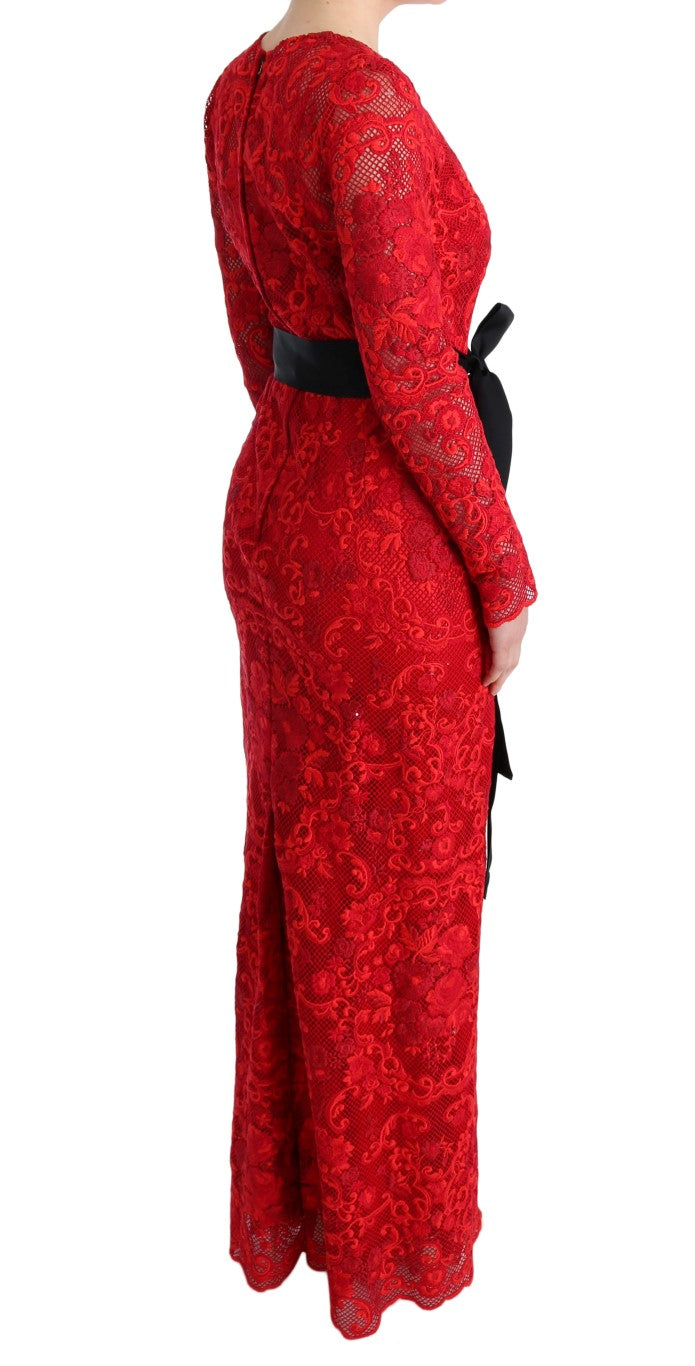 Robe longue fourreau rouge à fleurs en ricamo Dolce & Gabbana