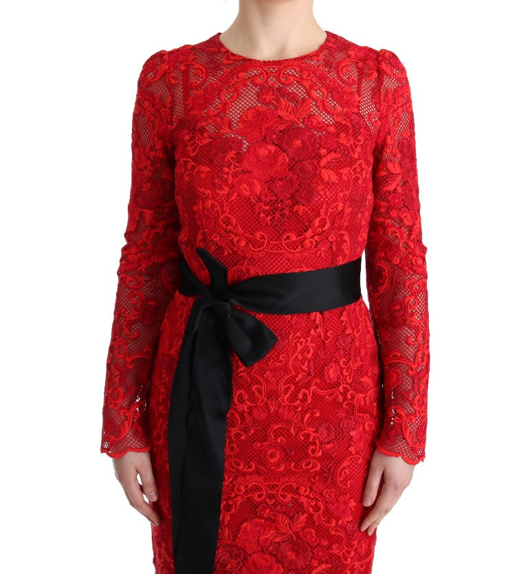 Robe longue fourreau rouge à fleurs en ricamo Dolce & Gabbana