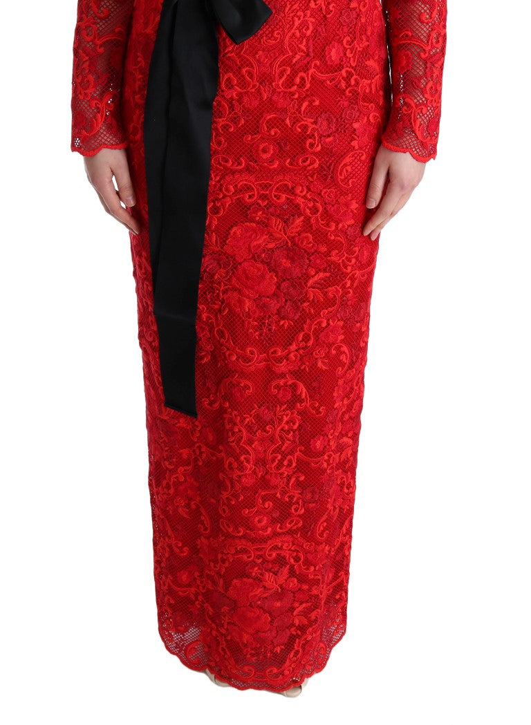 Robe longue fourreau rouge à fleurs en ricamo Dolce & Gabbana