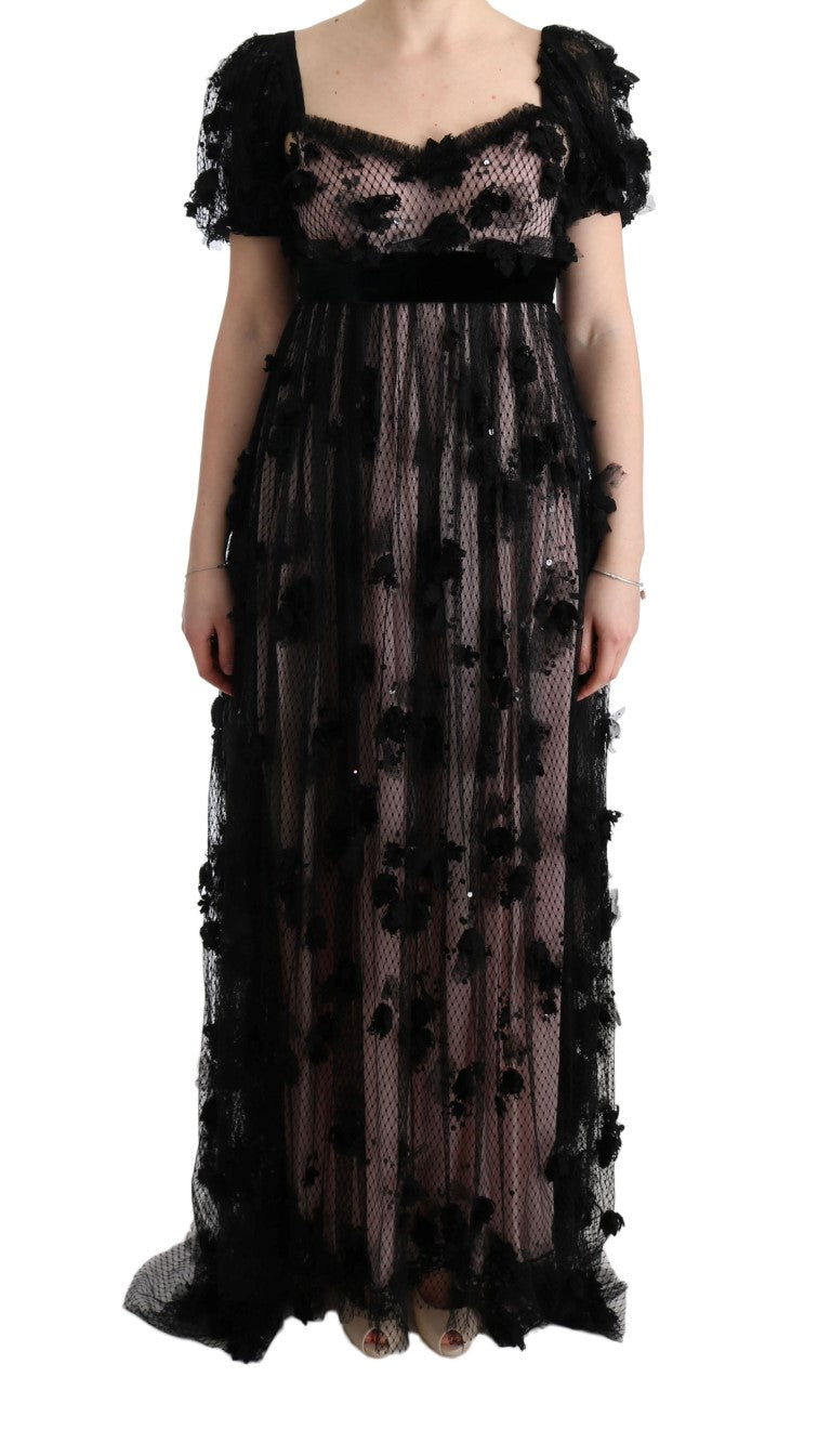 Robe droite en soie noire et rose avec applications Dolce & Gabbana