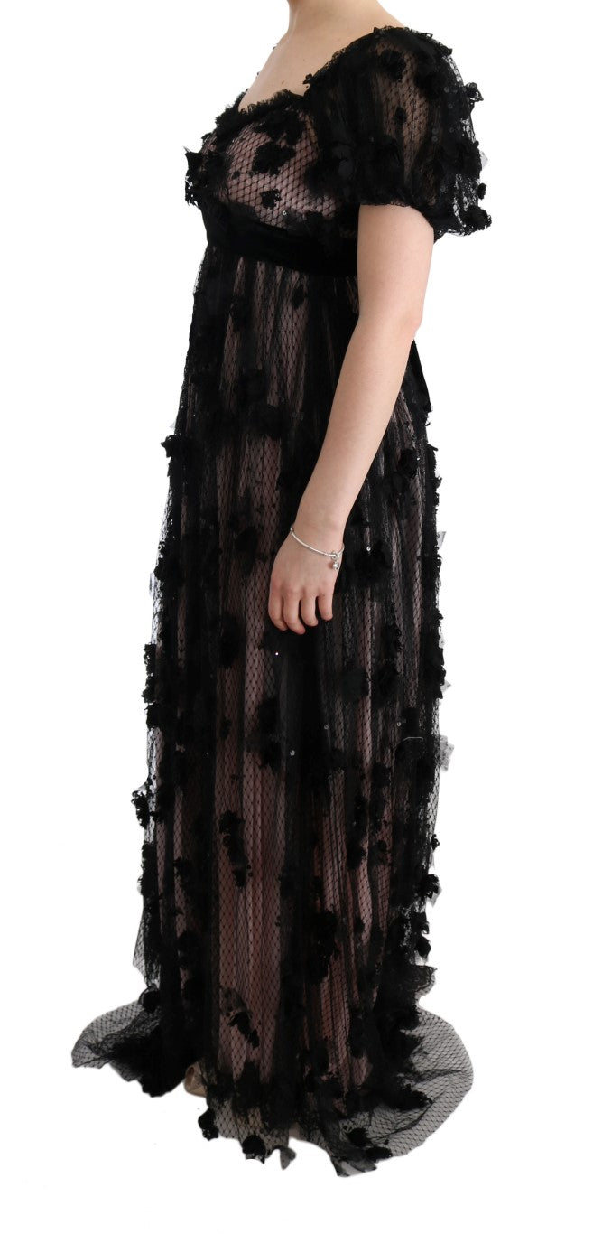 Robe droite en soie noire et rose avec applications Dolce & Gabbana
