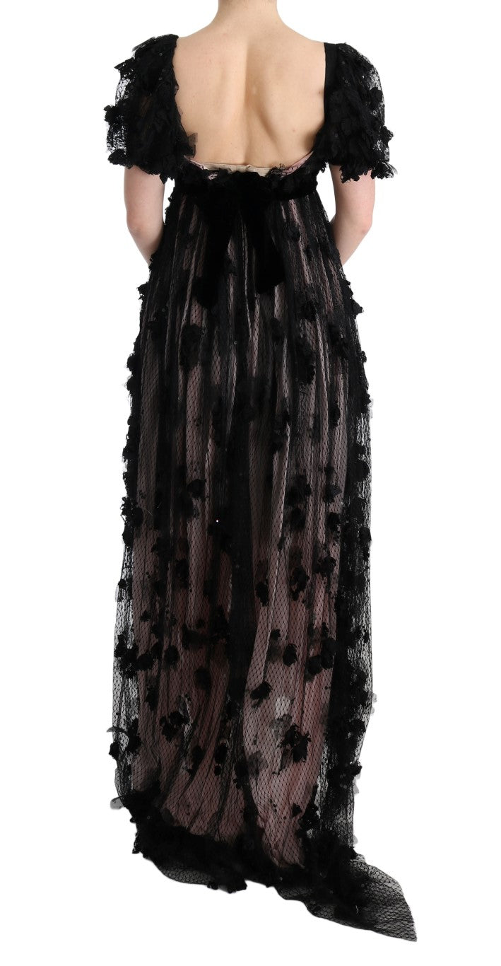 Robe droite en soie noire et rose avec applications Dolce & Gabbana