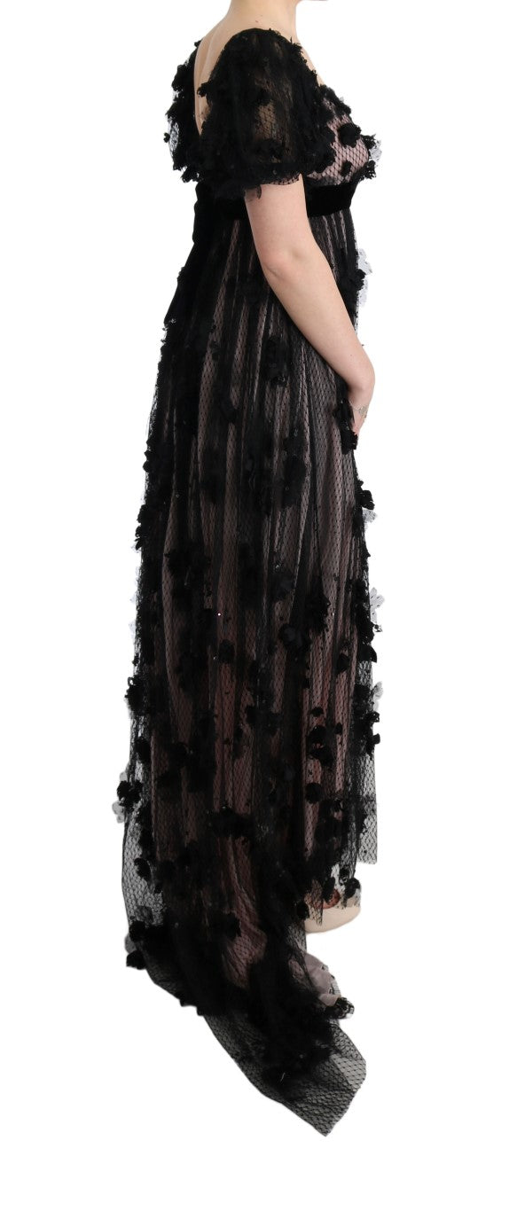Robe droite en soie noire et rose avec applications Dolce & Gabbana