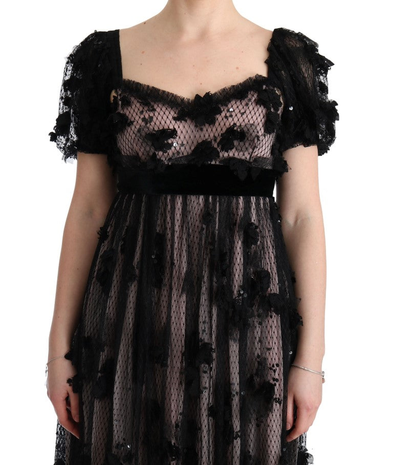 Robe droite en soie noire et rose avec applications Dolce & Gabbana
