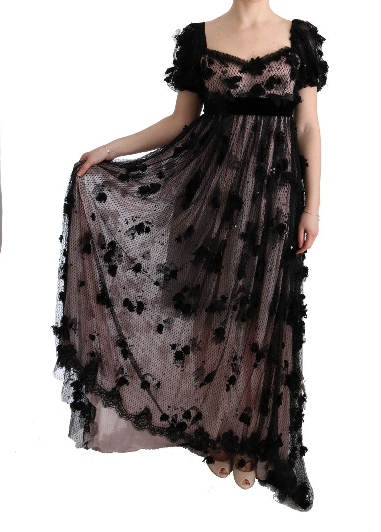Robe droite en soie noire et rose avec applications Dolce & Gabbana
