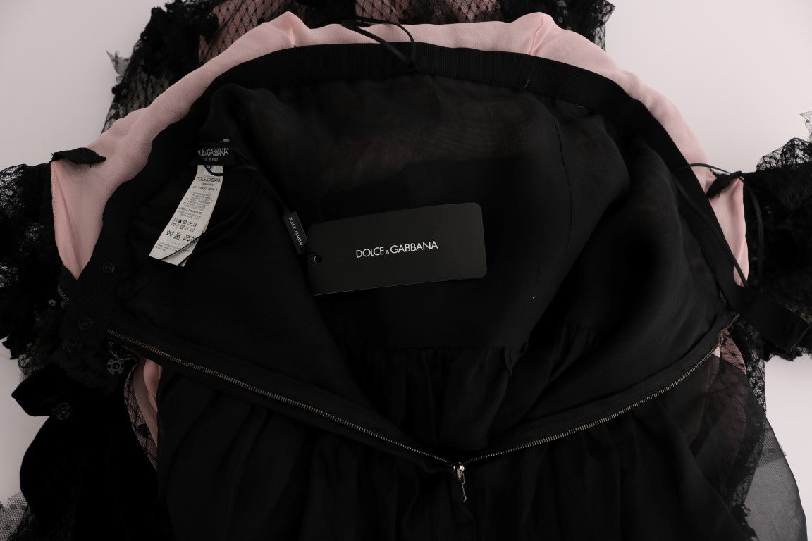 Robe droite en soie noire et rose avec applications Dolce & Gabbana