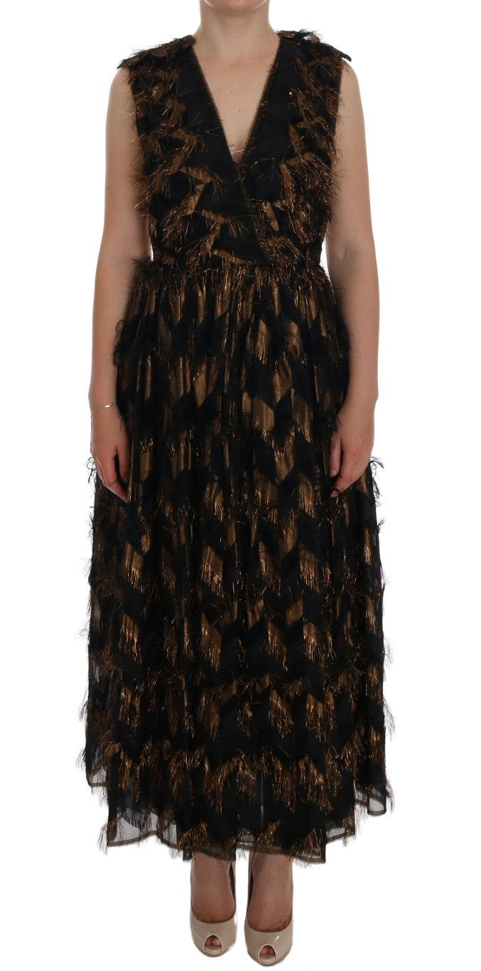 Robe trapèze Dolce & Gabbana en soie noire à franges marron