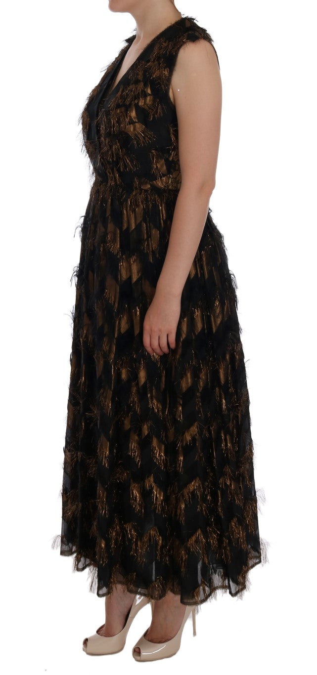 Robe trapèze Dolce & Gabbana en soie noire à franges marron