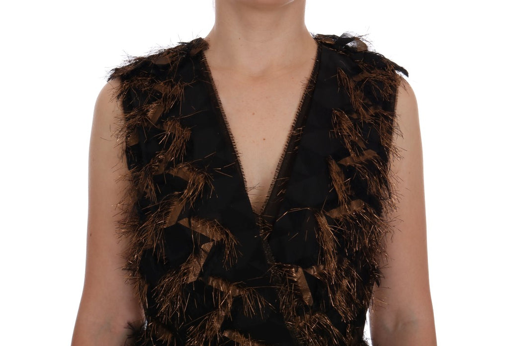 Robe trapèze Dolce & Gabbana en soie noire à franges marron