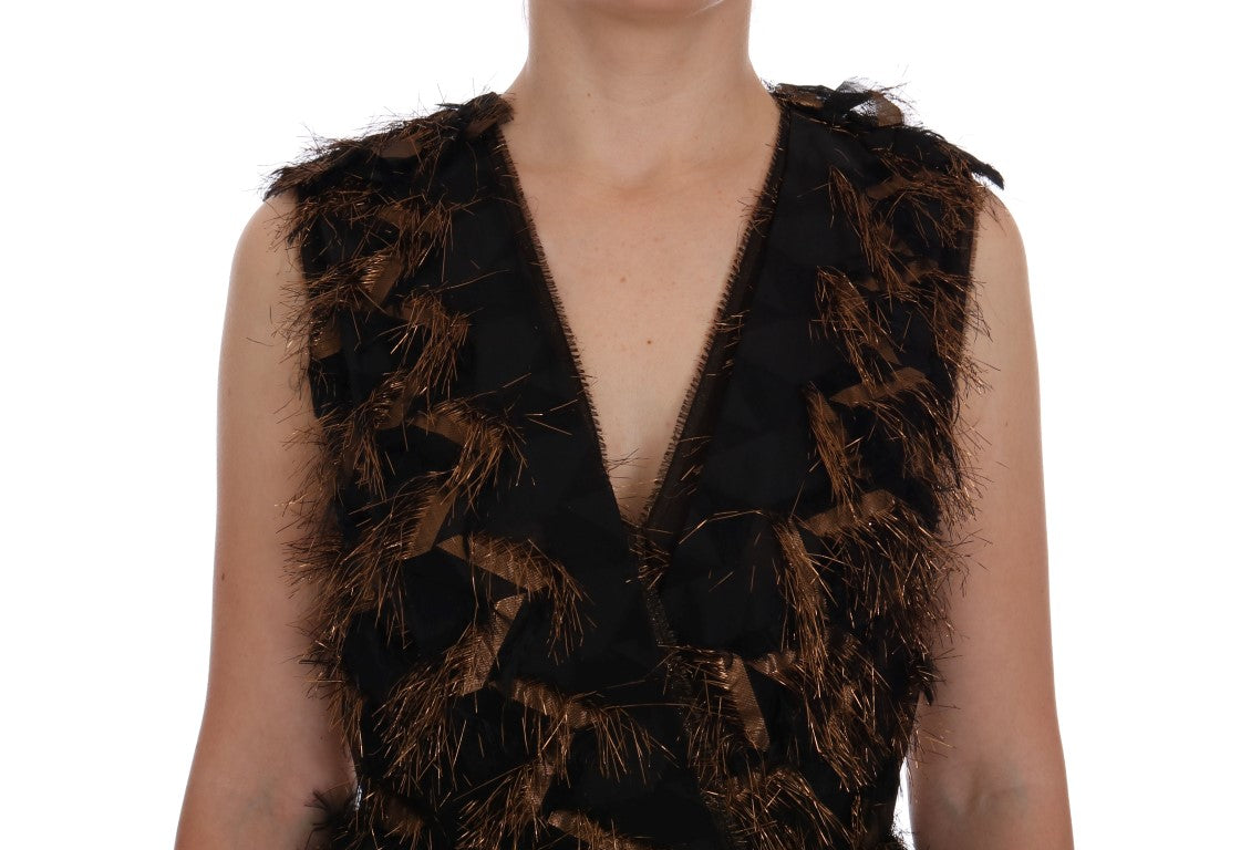 Robe trapèze Dolce & Gabbana en soie noire à franges marron