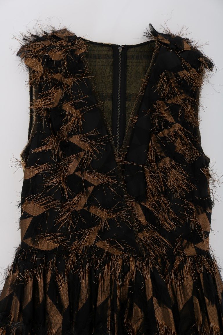 Robe trapèze Dolce & Gabbana en soie noire à franges marron