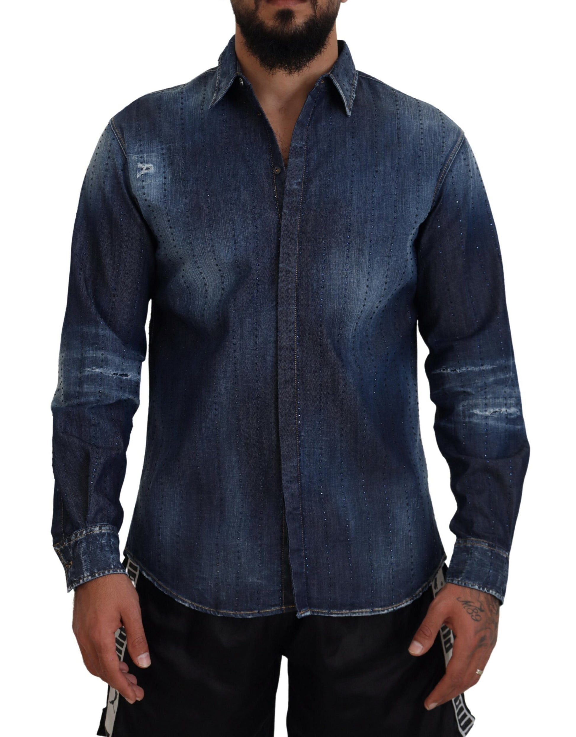 Chemise en jean effilochée Dsquared² bleue ornée de cristaux