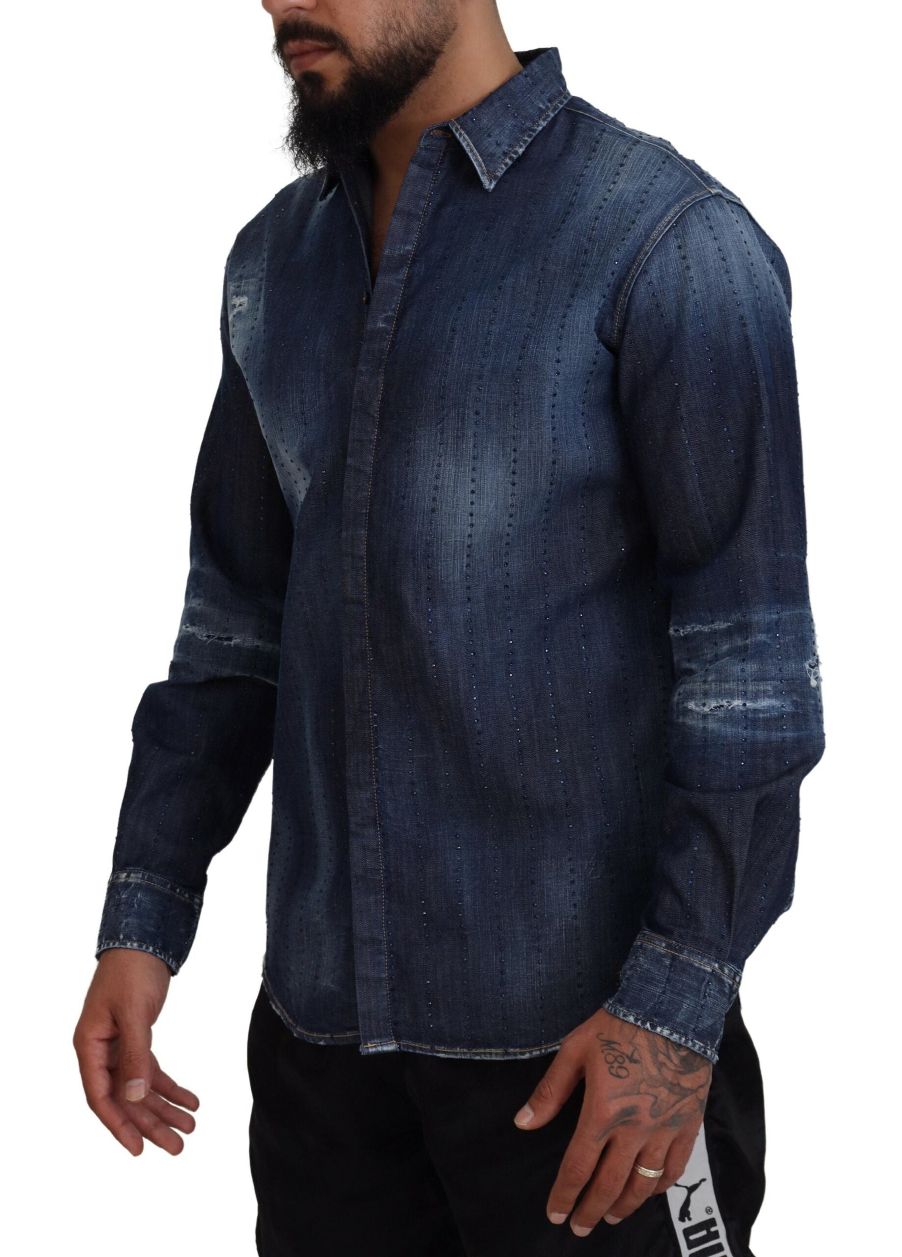 Chemise en jean effilochée Dsquared² bleue ornée de cristaux