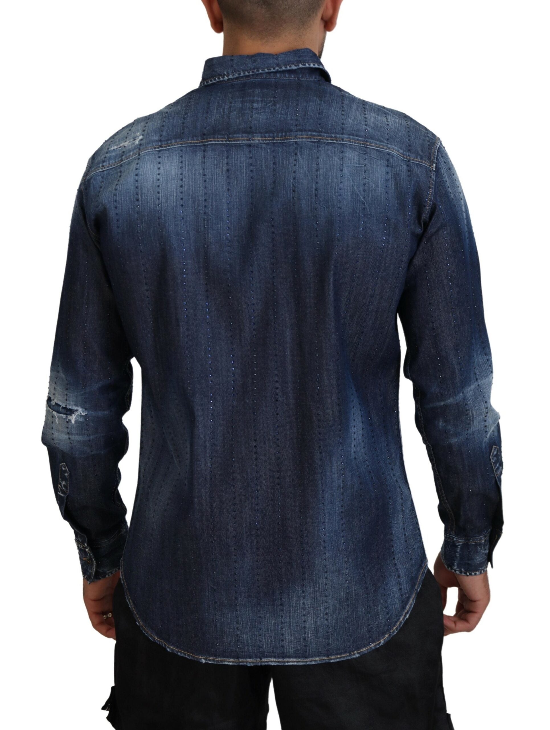 Chemise en jean effilochée Dsquared² bleue ornée de cristaux
