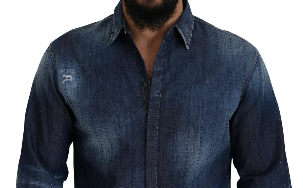 Chemise en jean effilochée Dsquared² bleue ornée de cristaux