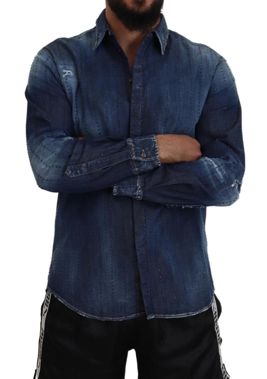 Chemise en jean effilochée Dsquared² bleue ornée de cristaux