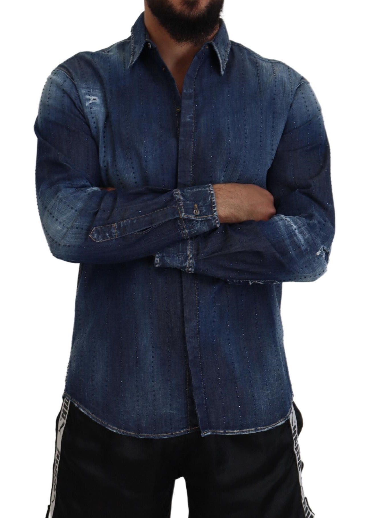 Chemise en jean effilochée Dsquared² bleue ornée de cristaux