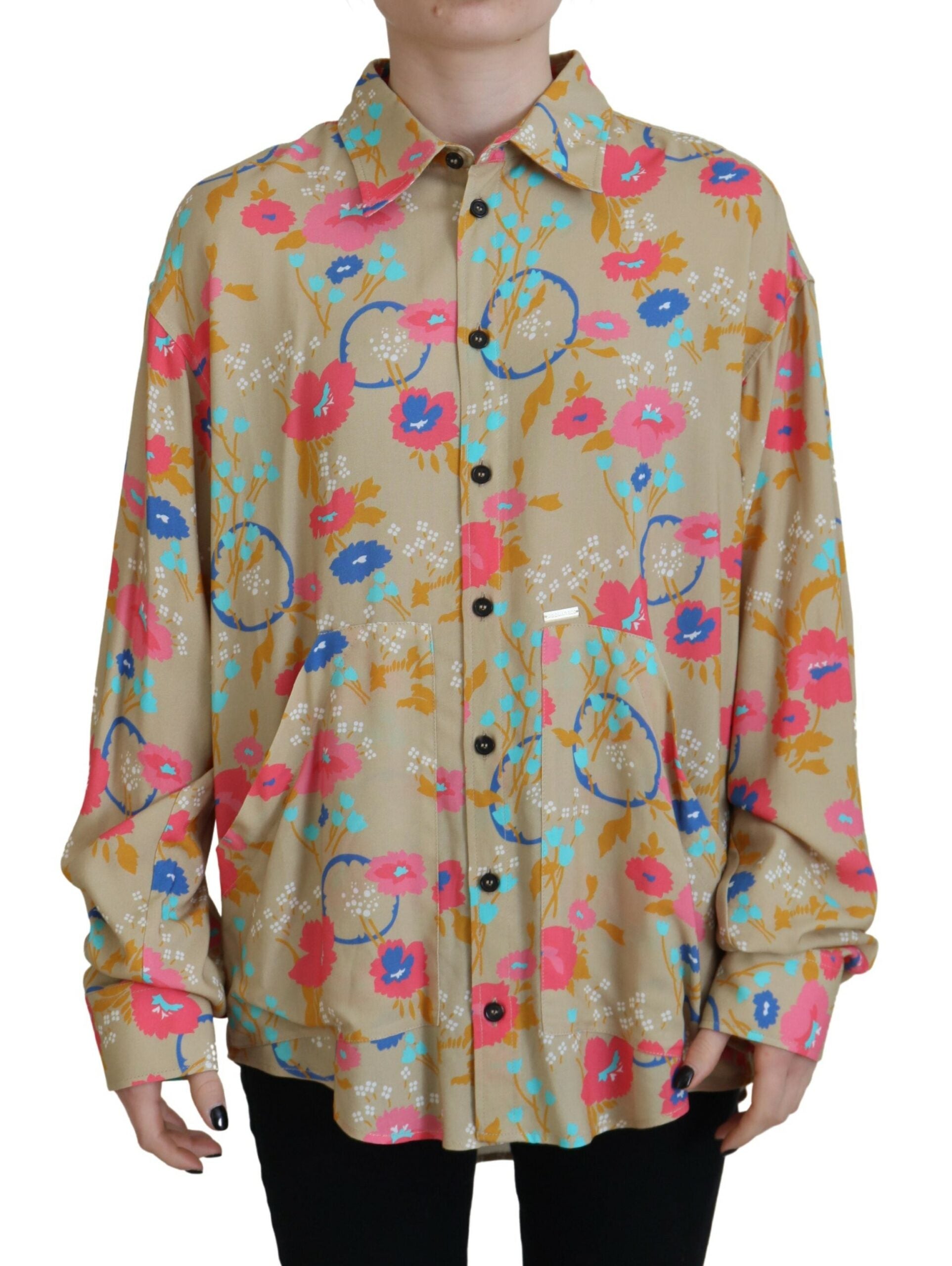 Chemise boutonnée à manches longues et col à motif floral beige Dsquared²