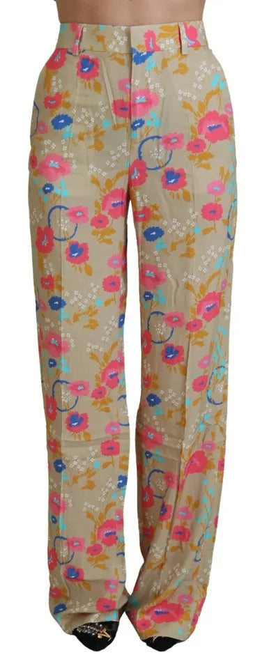 Pantalon droit taille haute à imprimé floral beige Dsquared²