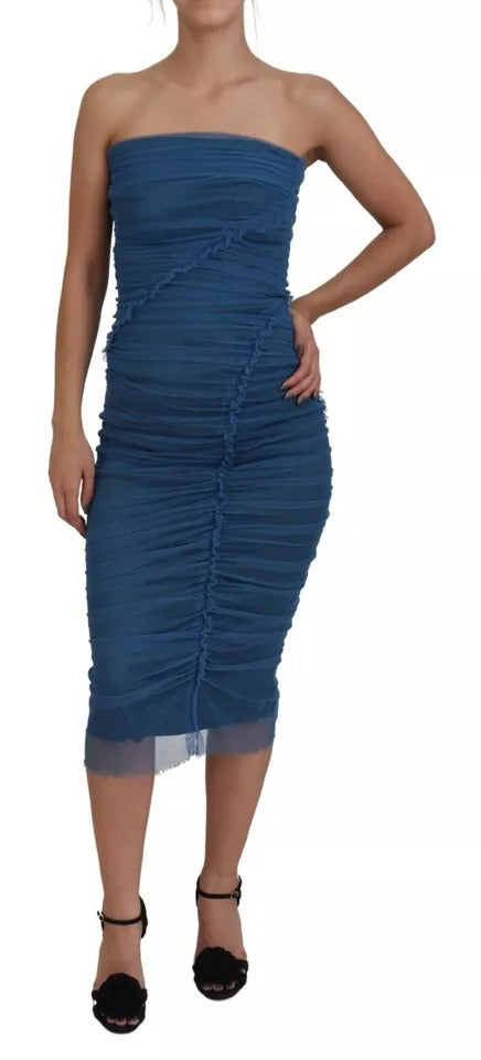 Robe fourreau en tulle ruché et maille bleue Dolce & Gabbana