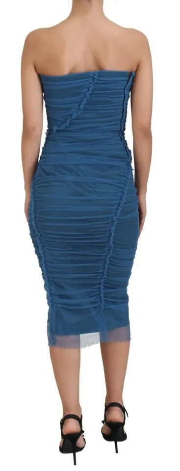 Robe fourreau en tulle ruché et maille bleue Dolce & Gabbana