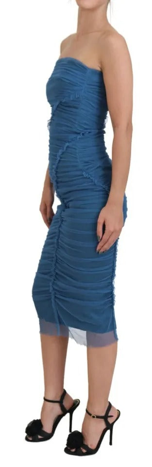 Robe fourreau en tulle ruché et maille bleue Dolce & Gabbana