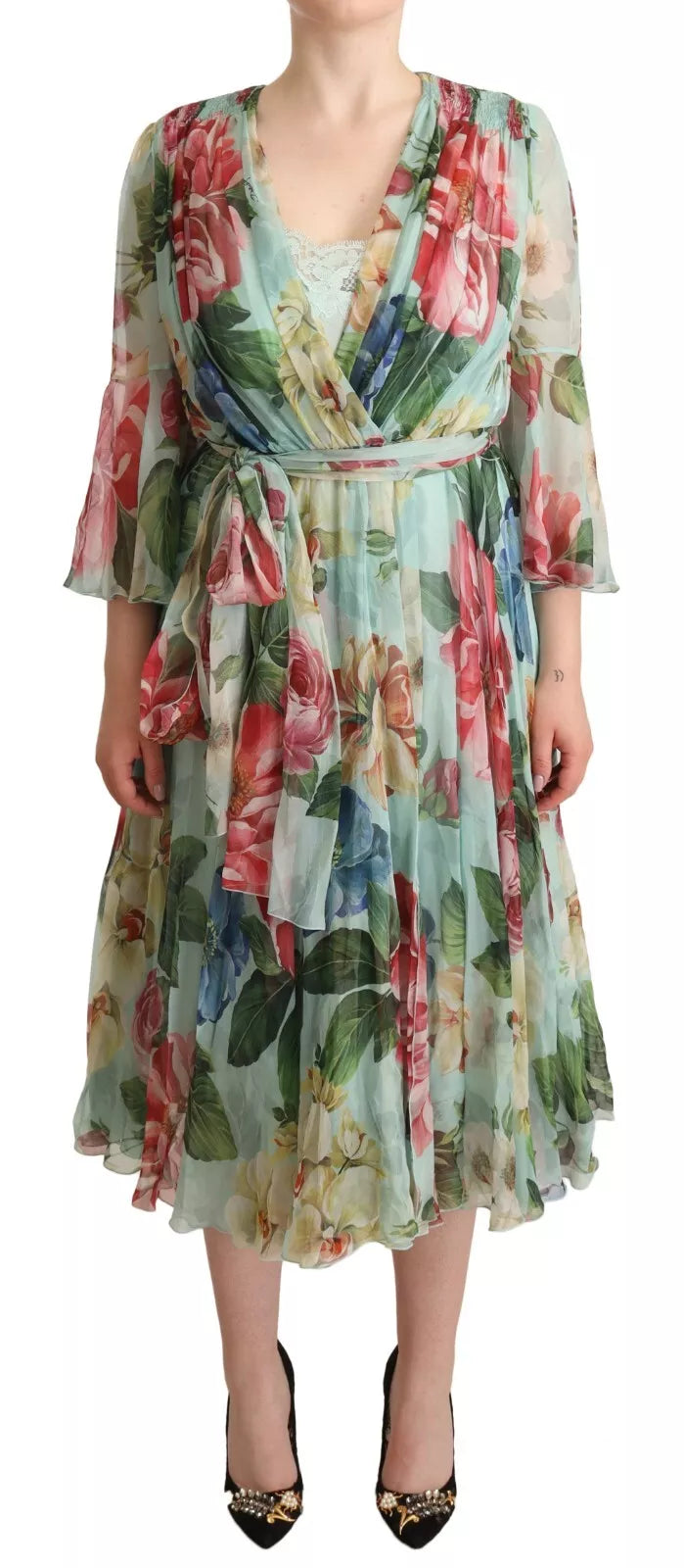 Robe midi Dolce & Gabbana à manches longues, col en V et imprimé floral vert