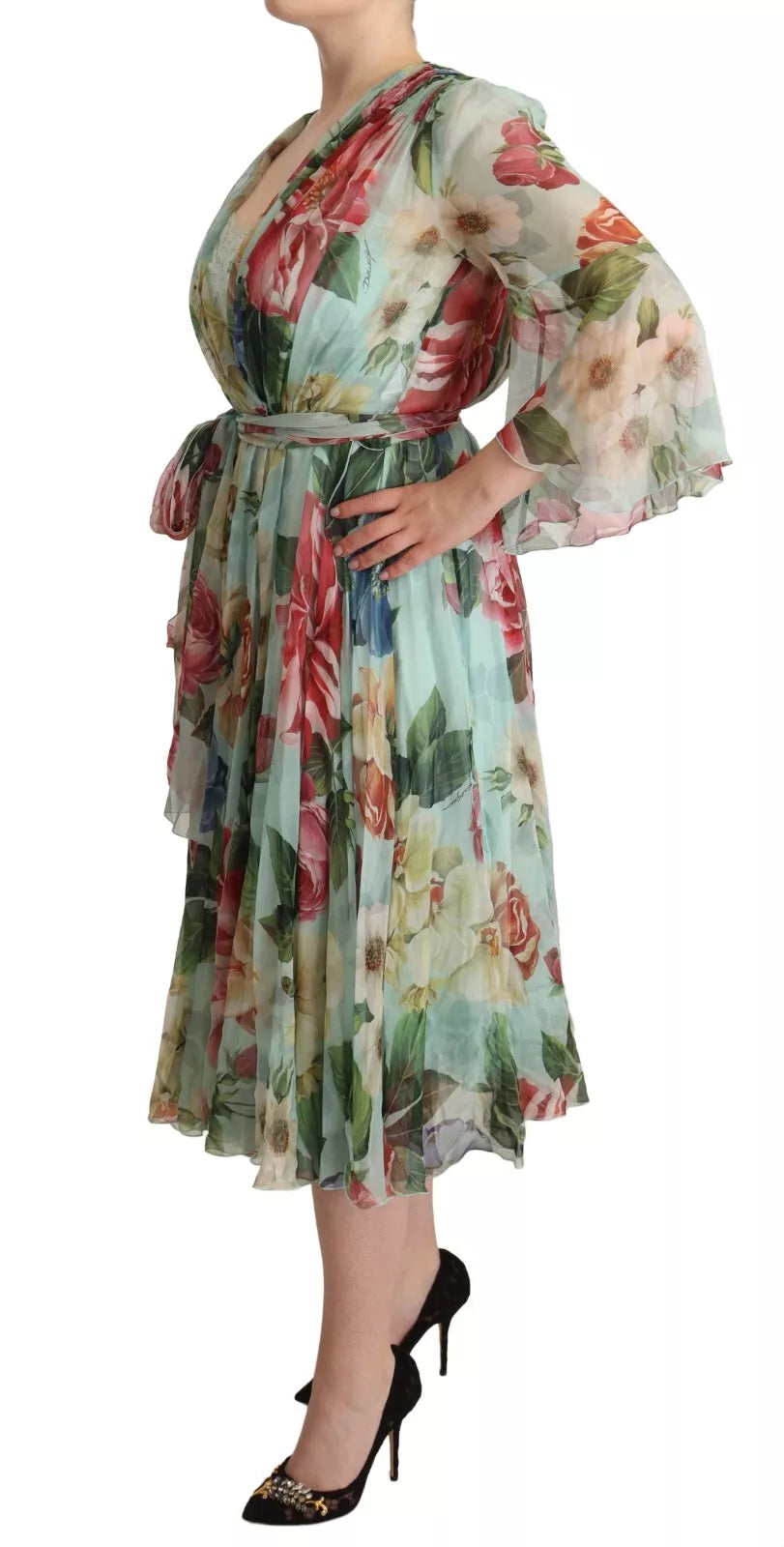 Robe midi Dolce & Gabbana à manches longues, col en V et imprimé floral vert