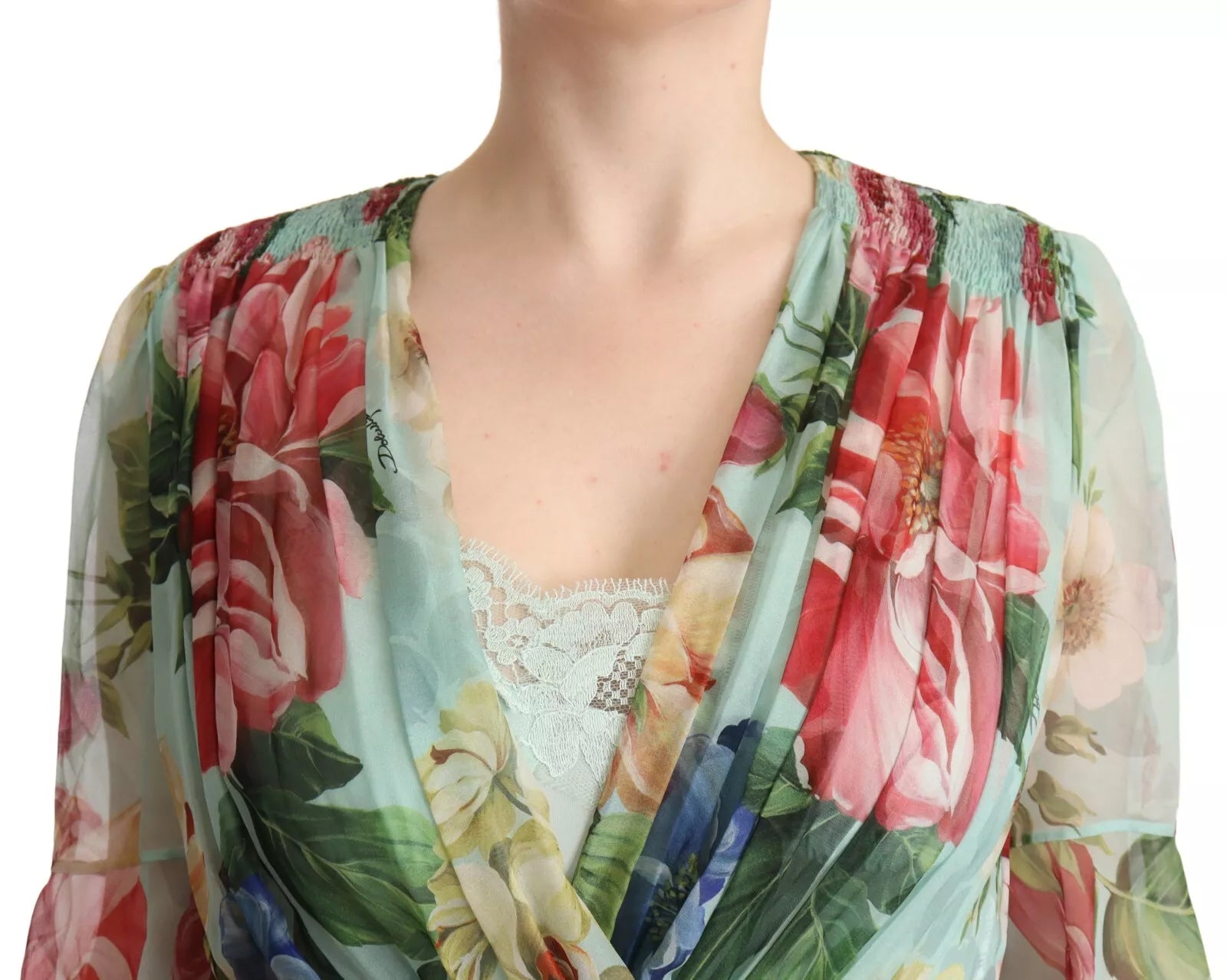Robe midi Dolce & Gabbana à manches longues, col en V et imprimé floral vert