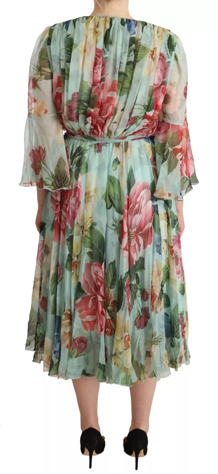 Robe midi Dolce & Gabbana à manches longues, col en V et imprimé floral vert