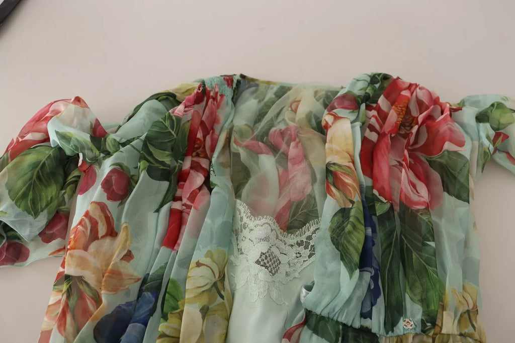 Robe midi Dolce & Gabbana à manches longues, col en V et imprimé floral vert