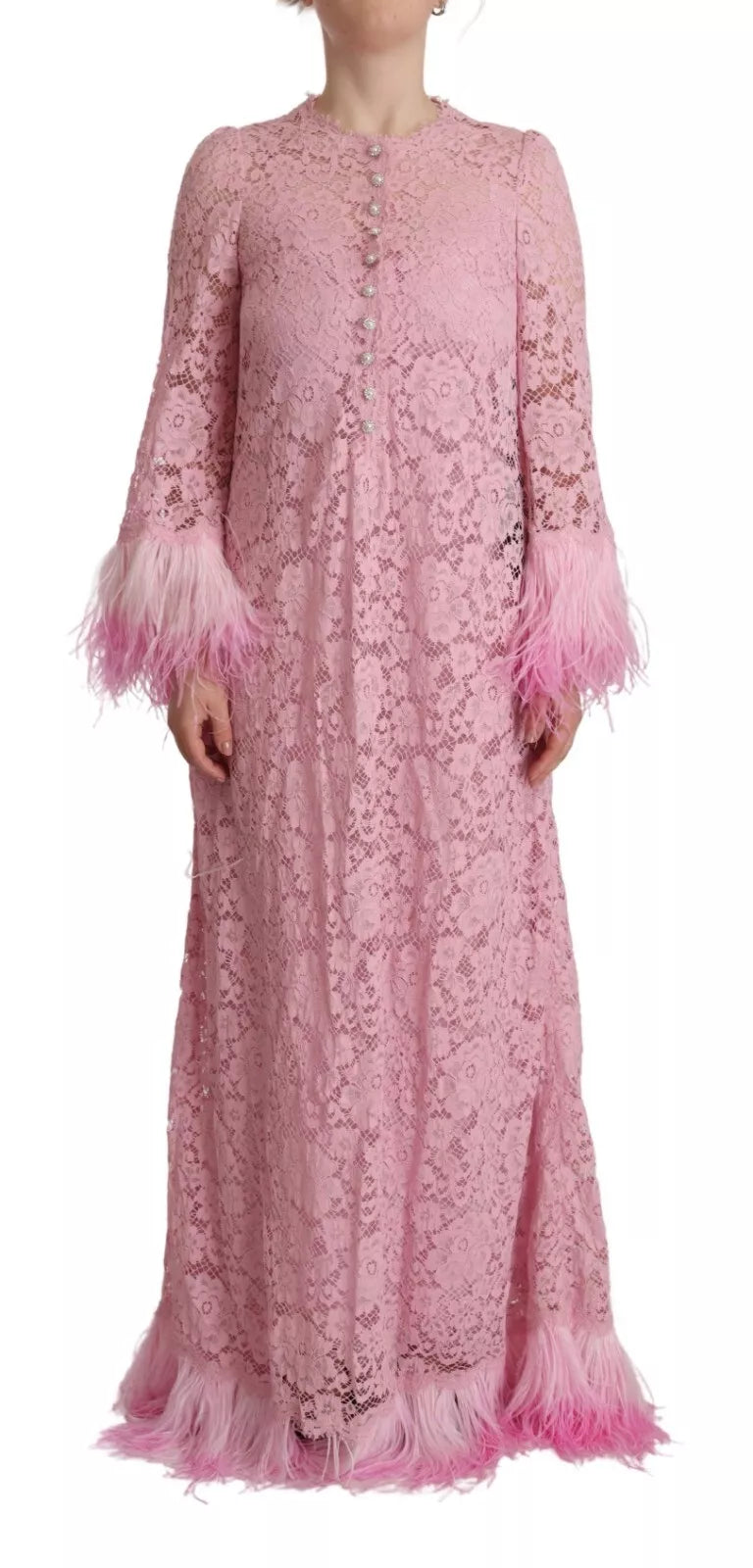 Robe Dolce & Gabbana Trapèze Dentelle Lilas Plumes Manches Longues