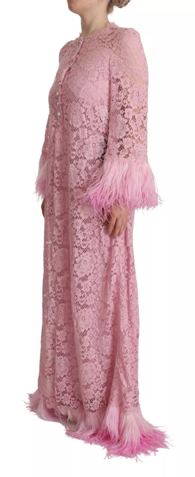 Robe Dolce & Gabbana Trapèze Dentelle Lilas Plumes Manches Longues
