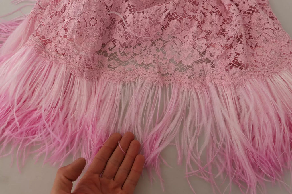 Robe Dolce & Gabbana Trapèze Dentelle Lilas Plumes Manches Longues