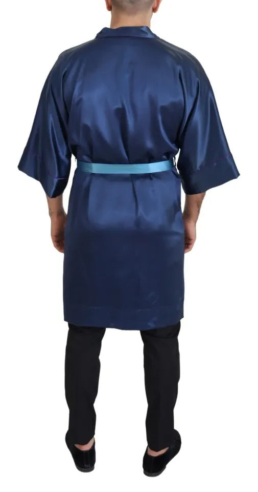 Robe Veste Dolce & Gabbana en Satin de Soie Bleu avec Ceinture à la Taille