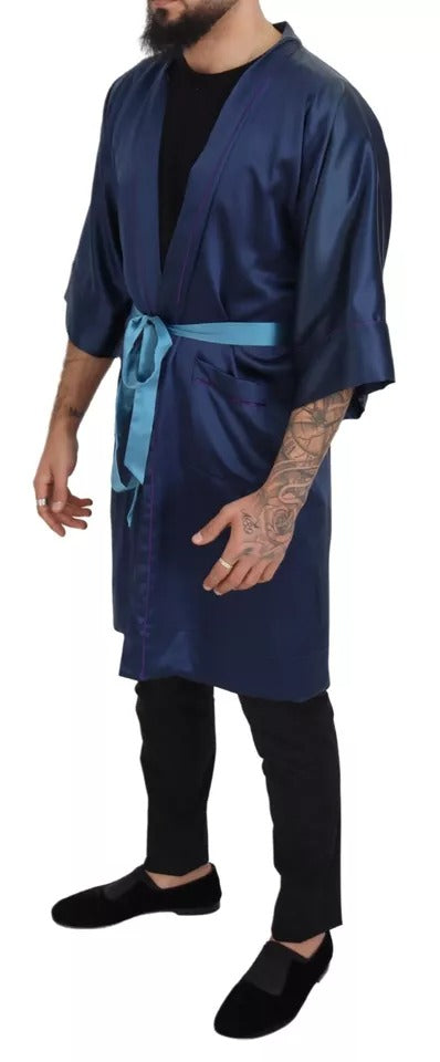Robe Veste Dolce & Gabbana en Satin de Soie Bleu avec Ceinture à la Taille