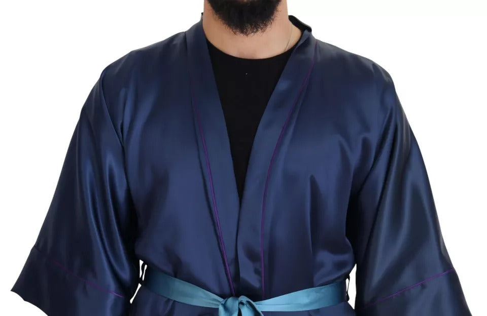 Robe Veste Dolce & Gabbana en Satin de Soie Bleu avec Ceinture à la Taille