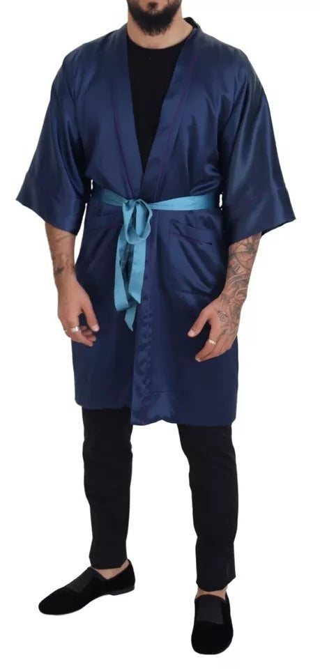 Robe Veste Dolce & Gabbana en Satin de Soie Bleu avec Ceinture à la Taille