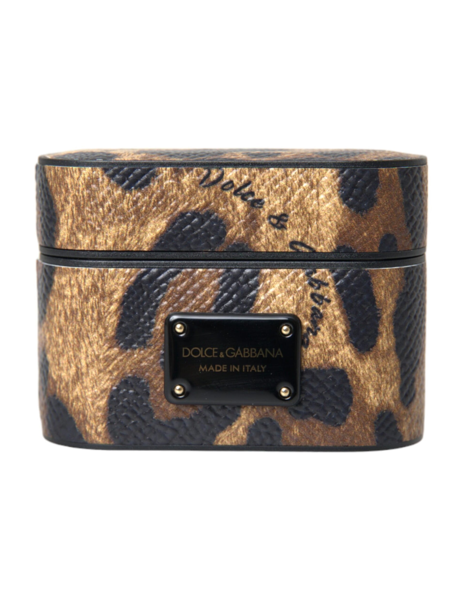 Étui AirPods Dolce & Gabbana en Cuir de Veau Léopard Marron avec Plaque Logo en Métal