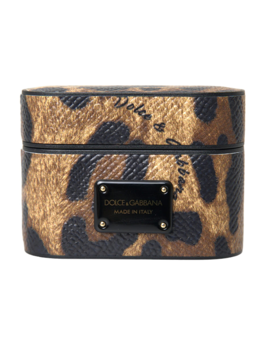Étui AirPods Dolce & Gabbana en Cuir de Veau Léopard Marron avec Plaque Logo en Métal