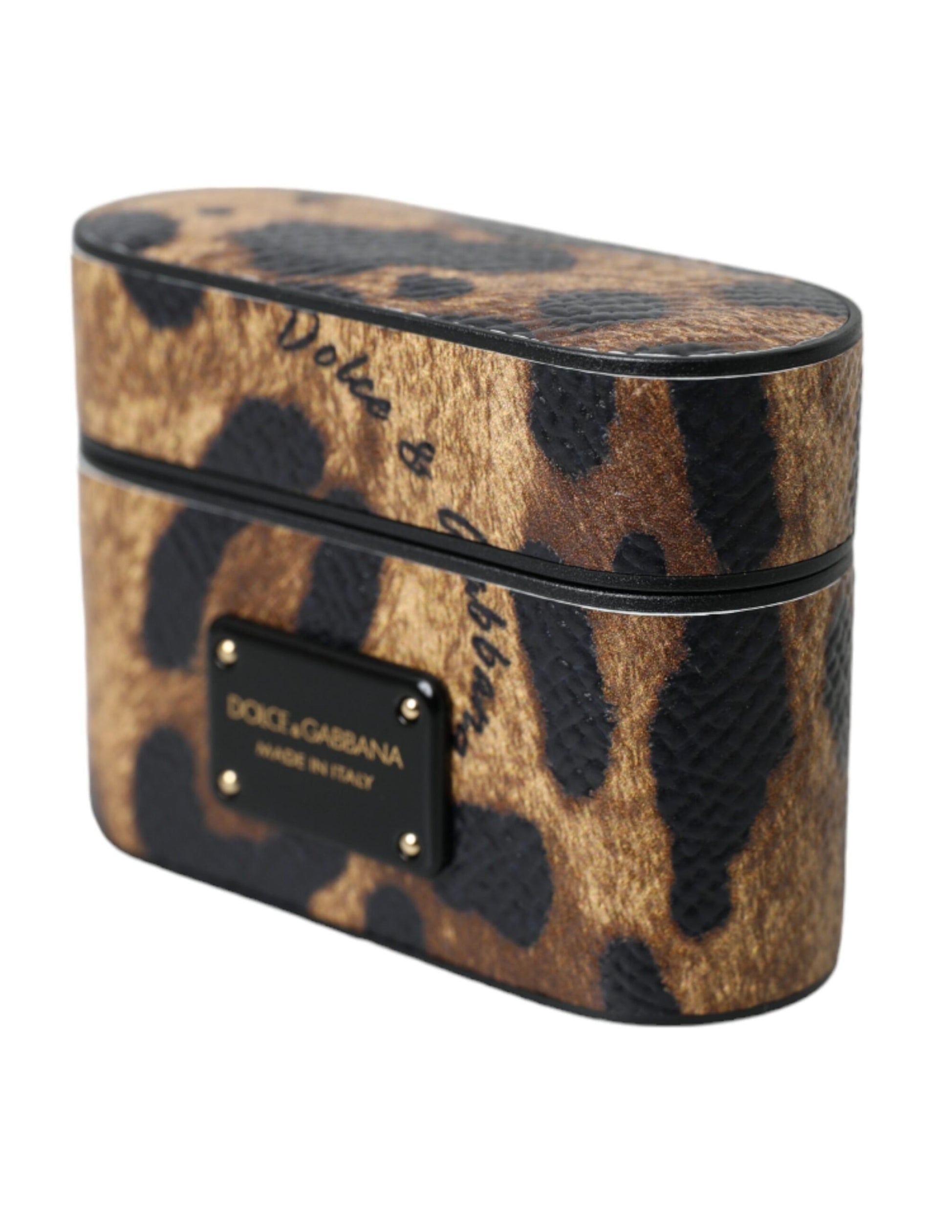Étui AirPods Dolce & Gabbana en Cuir de Veau Léopard Marron avec Plaque Logo en Métal