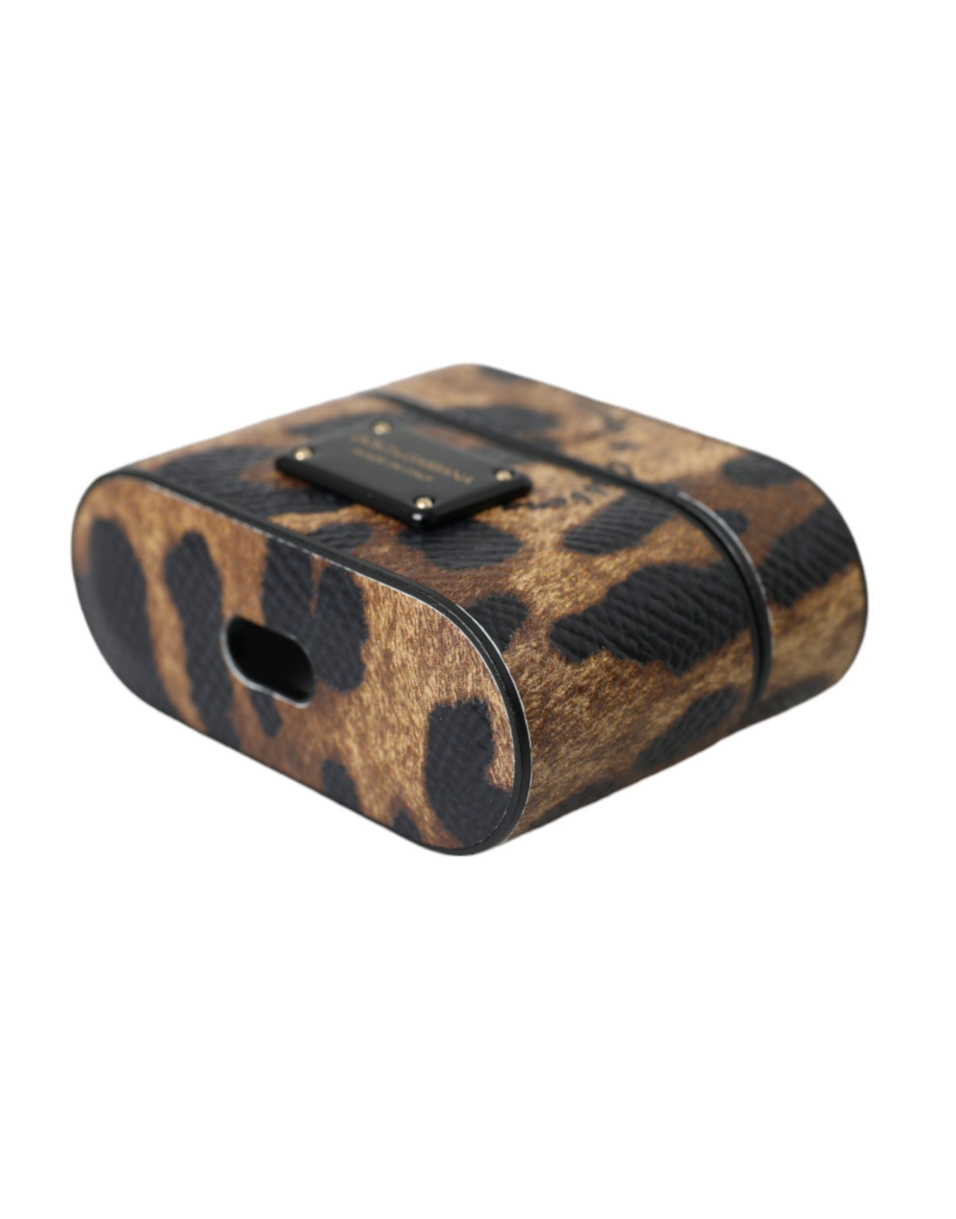 Étui AirPods Dolce & Gabbana en Cuir de Veau Léopard Marron avec Plaque Logo en Métal