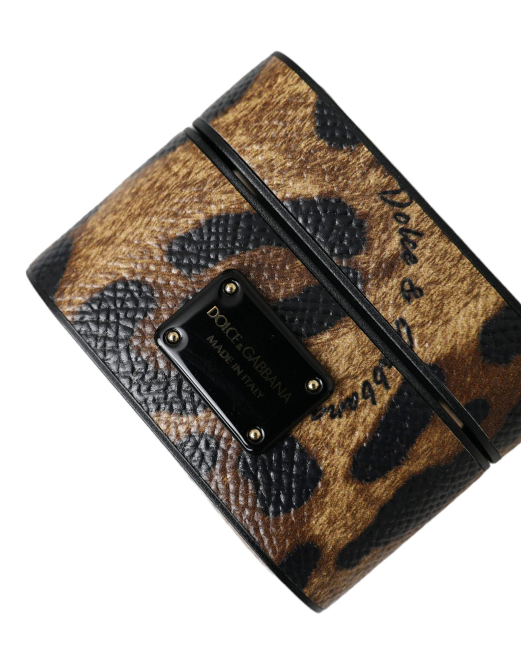 Étui AirPods Dolce & Gabbana en Cuir de Veau Léopard Marron avec Plaque Logo en Métal